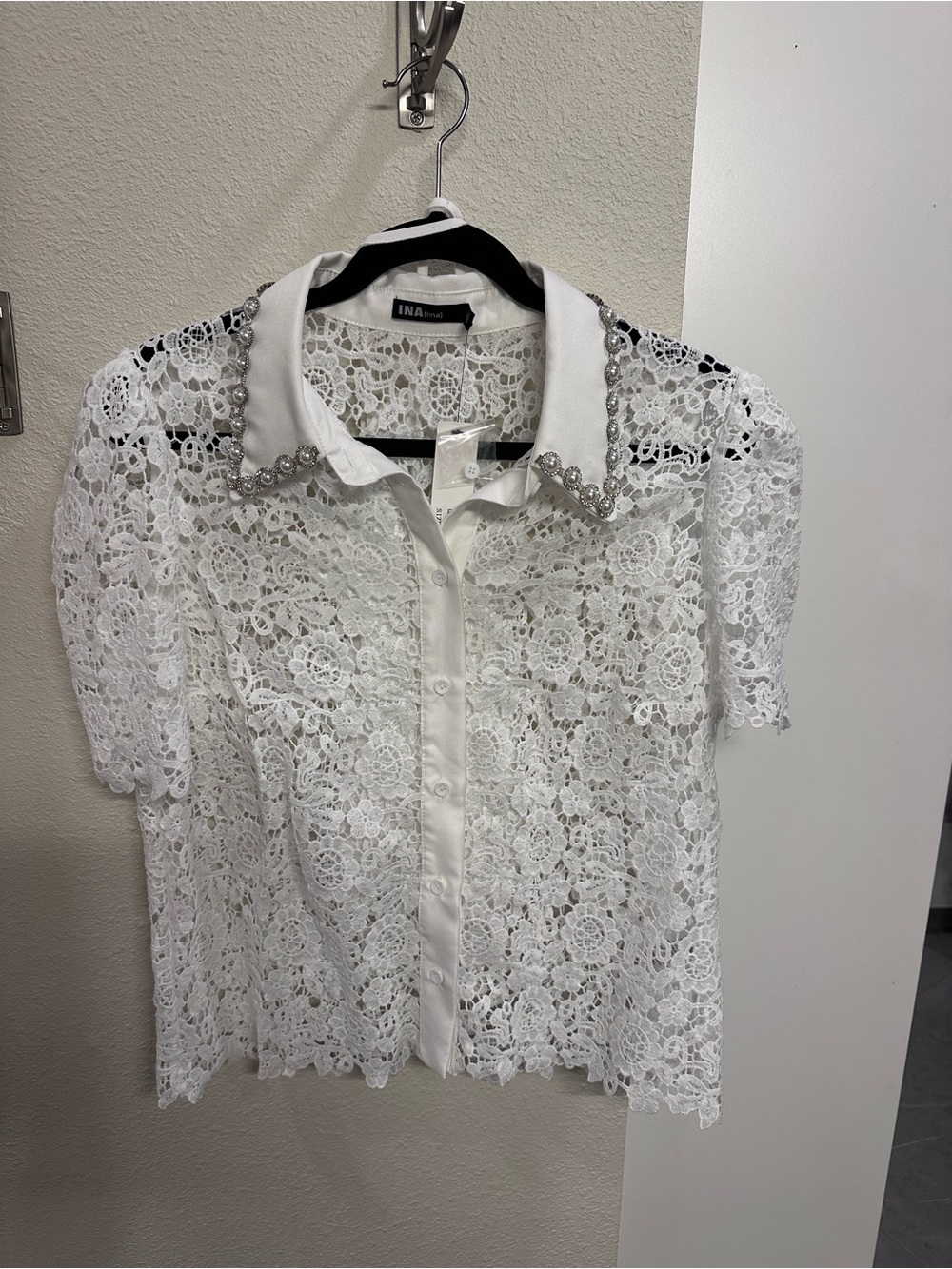 Ina White Lace Short Sleeve Blouse with Pearl-Trim Collar